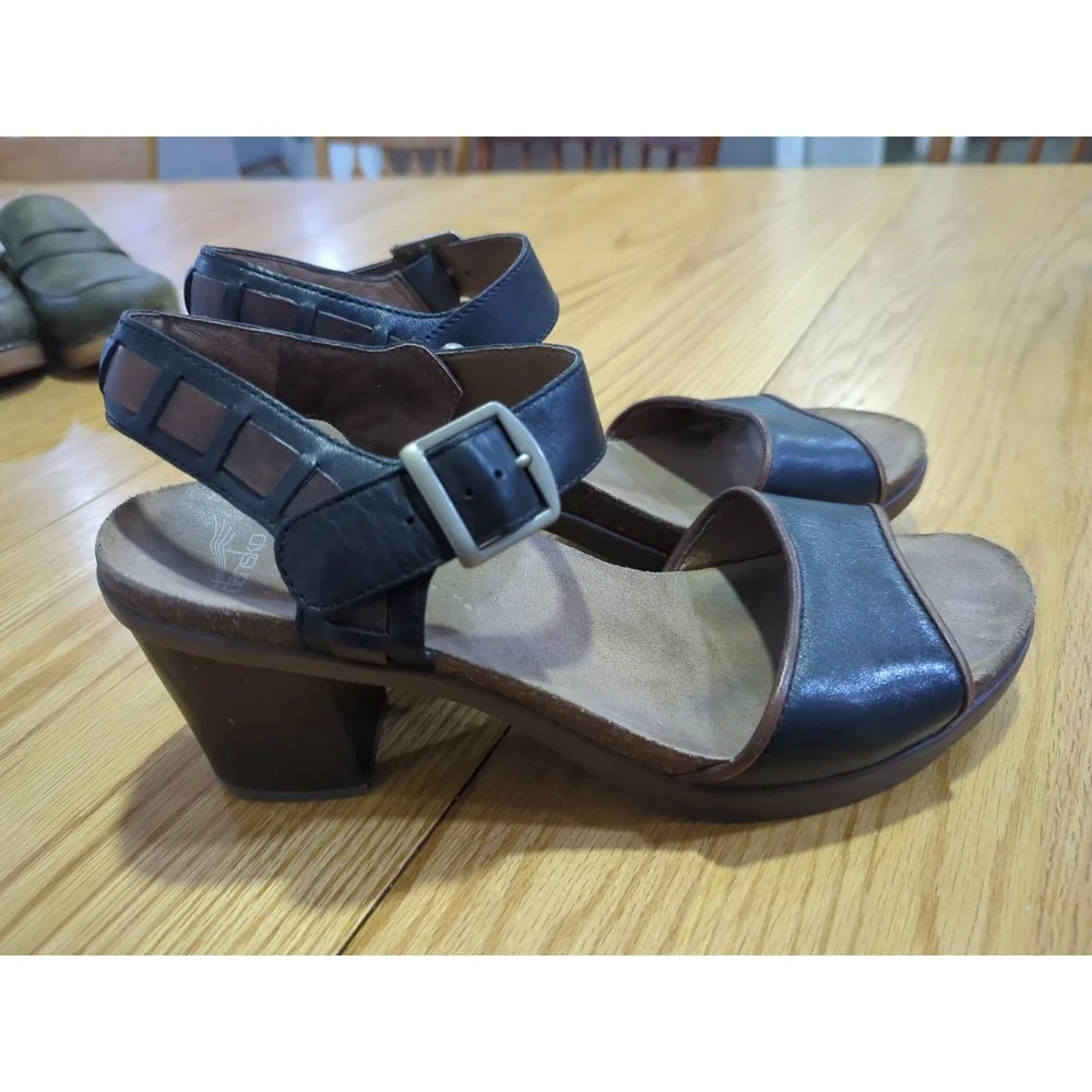Dansko Debby Black Brown Leather Open Toe Block Heel Sandals 42 US 11.5-12